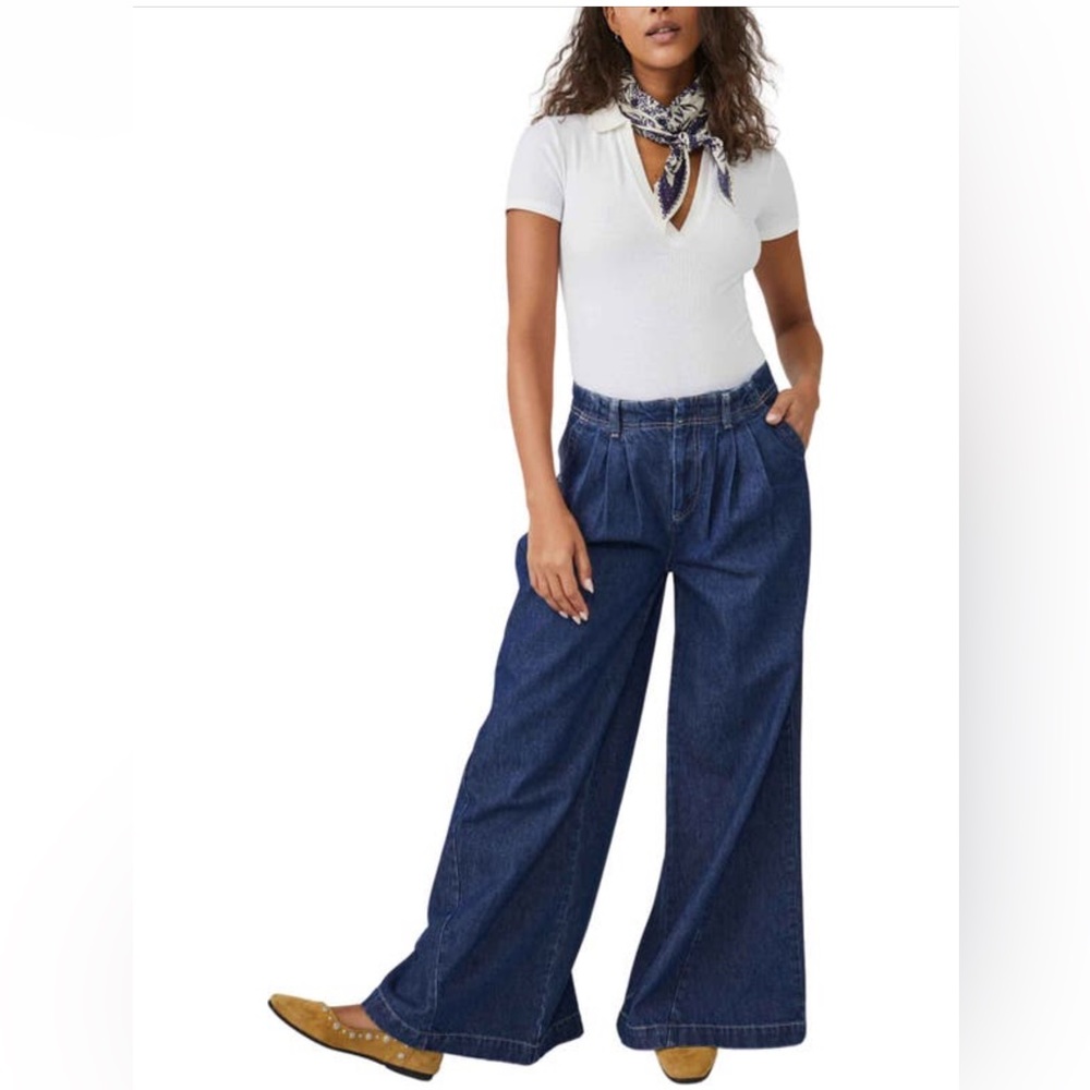 Free People Dark Blue Wide Leg Flare Jeans